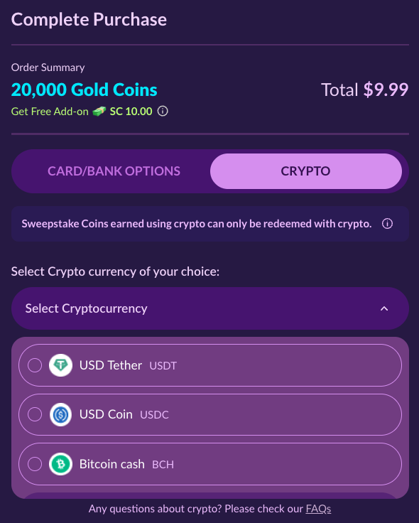 PlayFame purchase window with crypto